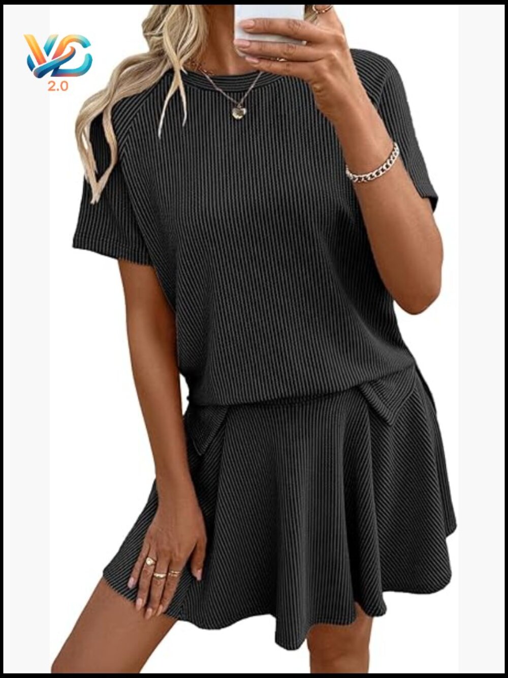 Two Piece Skirt Set Ribbed Knit Short Sleeve Top Lined Pleated Mini Skirt